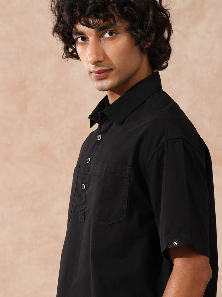 Oversized Half Placket Popover Shirt | Black