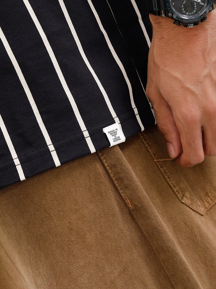 Striped Oversized Fit T-shirt With Puff Print | Black