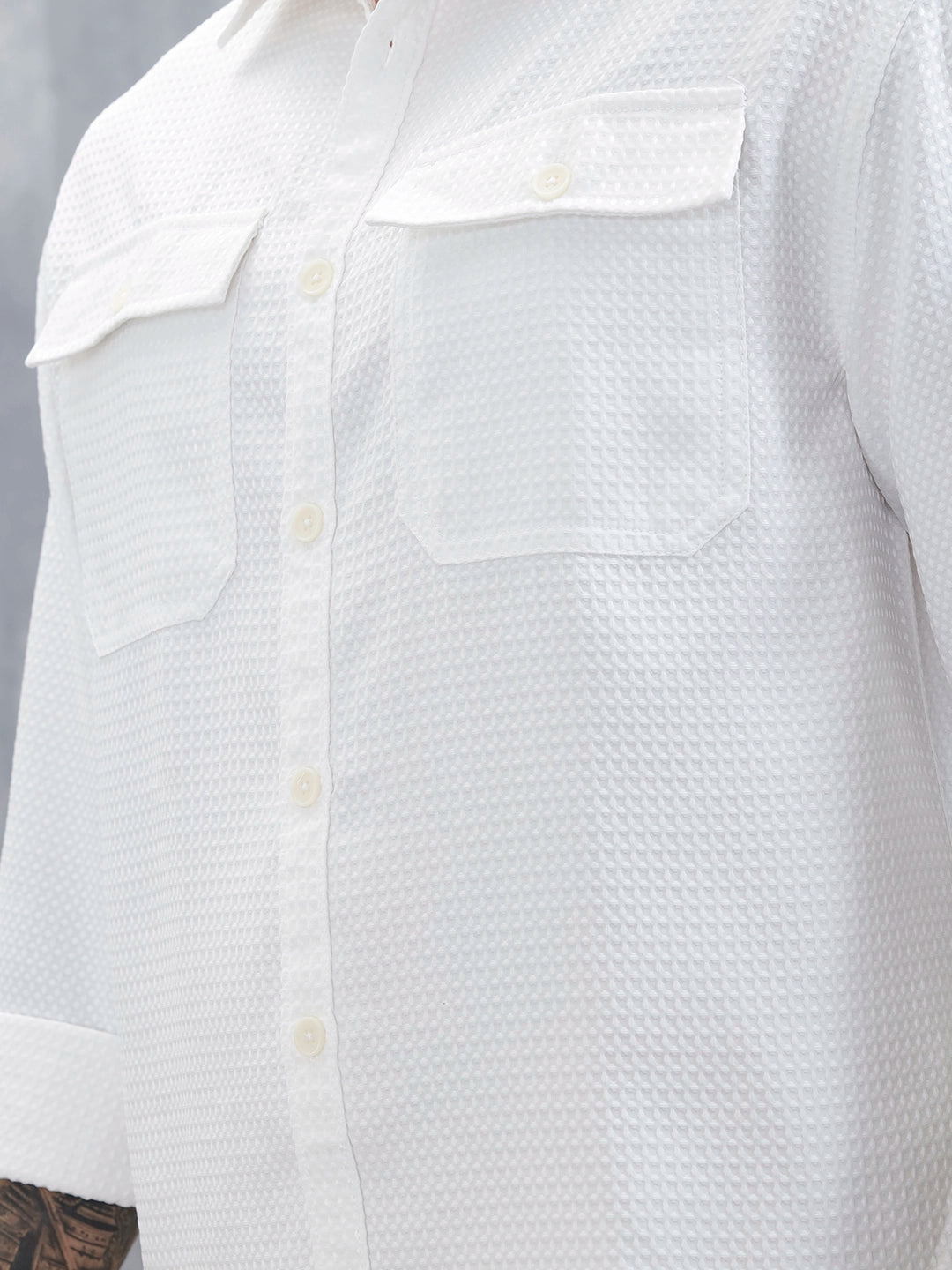 Wrogn Oversized Double Pocket Textured Shirt For Men's | Off White