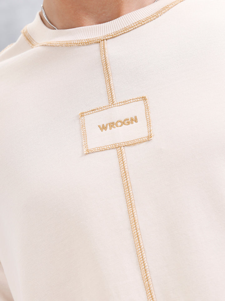 Raw Edge & Stitch Detail Oversized Fit T-Shirt | Beige