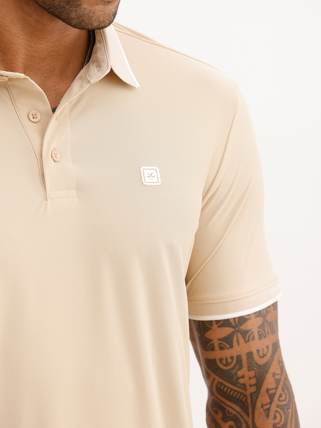 Slim Fit Solid Tipping Collar Polo T-Shirt | Beige