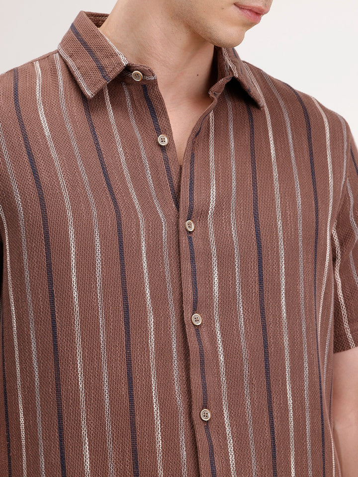 Slim Fit Textured Striped Shirt | Brown