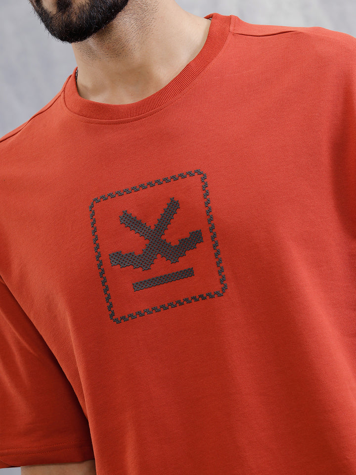 Cross Stitch Inspired 3D Back Print Crew Neck T-Shirt | Rust