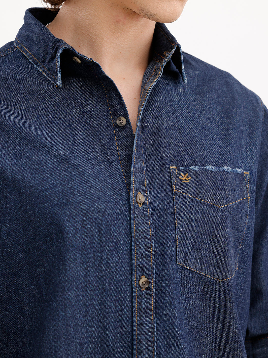 Slim Fit Distressed Denim Shirt | Dark Blue