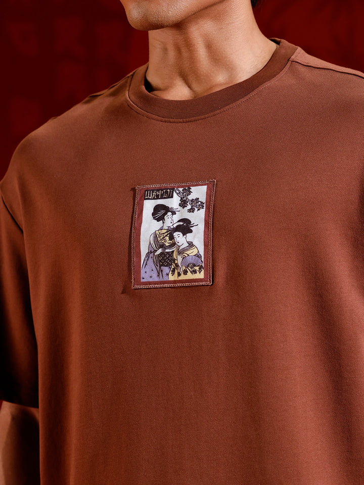 Men's Oversized Tee with Illustrated Patch Detail | Brown