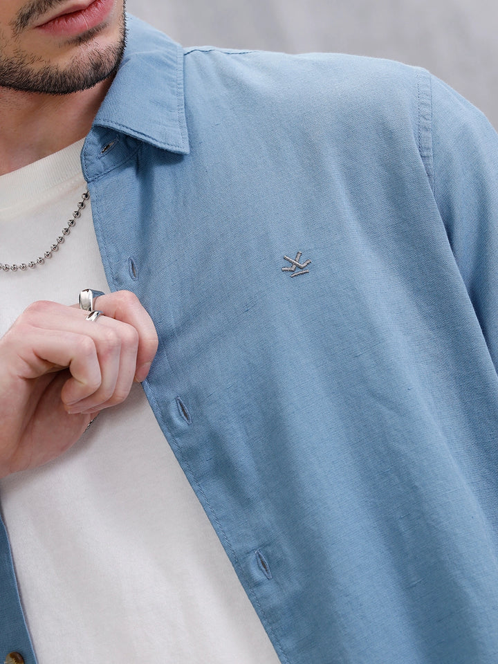 Solid Linen Blend Slim Fit Shirt | Blue