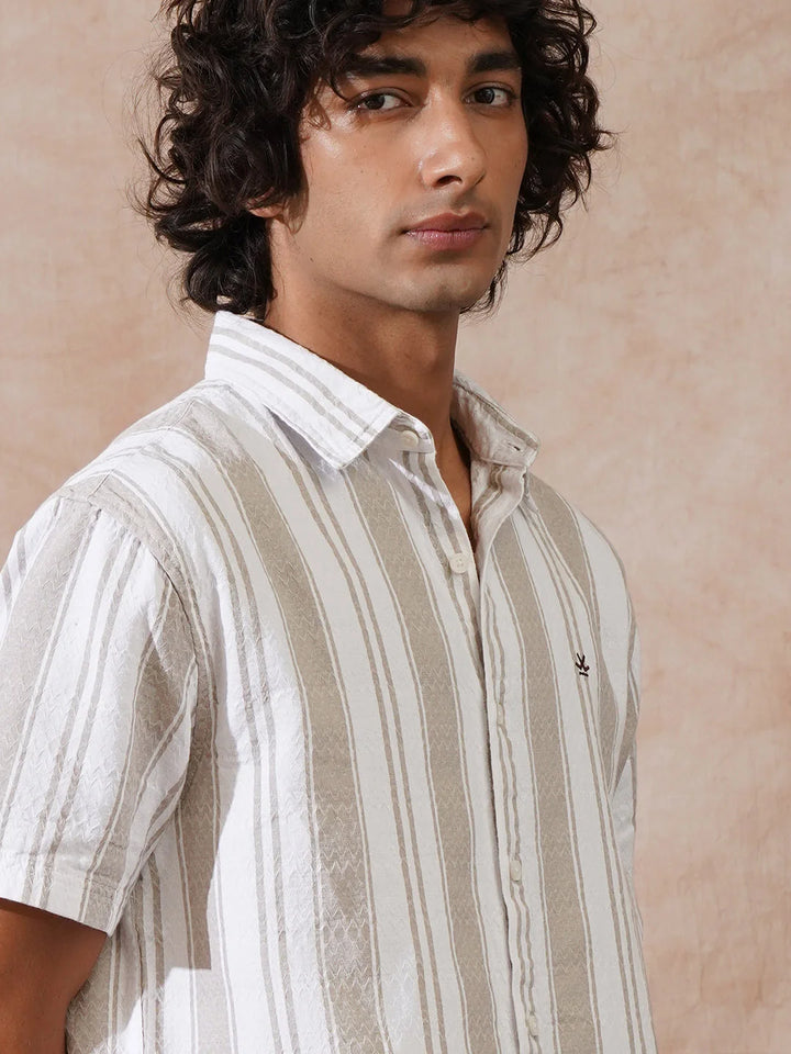 Textured Stripes Comfort Fit Shirt | Khaki