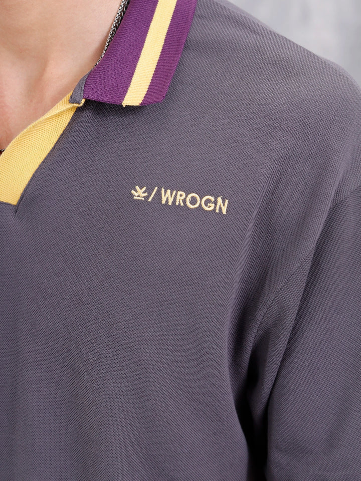 Oversized Johnny Collar Polo T-Shirt With Contrast Collar | Dark Grey