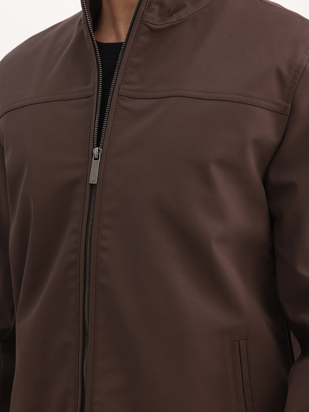 Solid Slim Fit Zipper Jacket | Tan