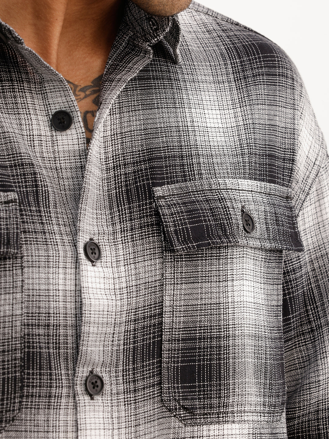 Oversized Double Pocket Checkered Shirt | White