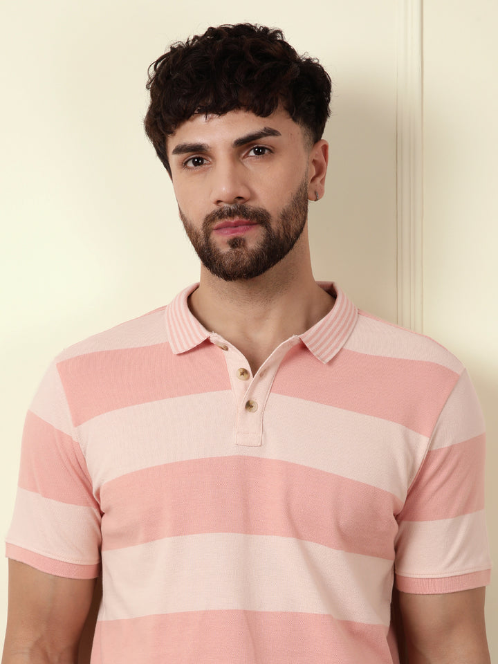 Casual Tonal Striped Polo T-Shirt | Peach