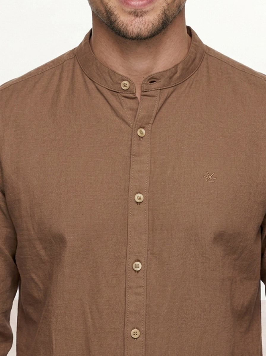 Solid Slim Fit Mandrin Collar Shirt | Brown