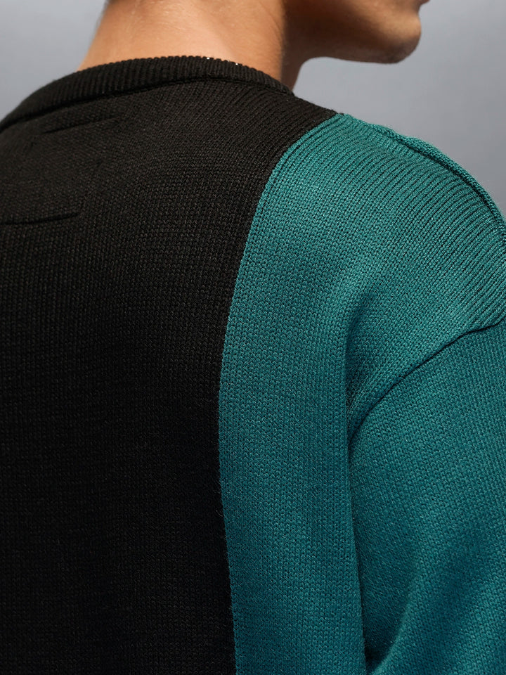 Men's Slim Fit Cable Knit Colorblocked Sweater  |  Black