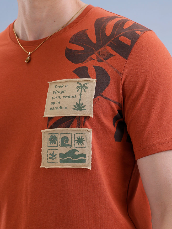 Slim Fit Placement Patch Printed T-Shirt  | Rust
