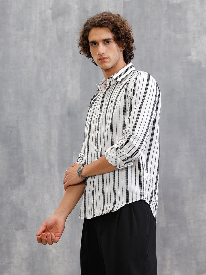 Slim Fit Stripe Shirt In Chenille Yarn | White
