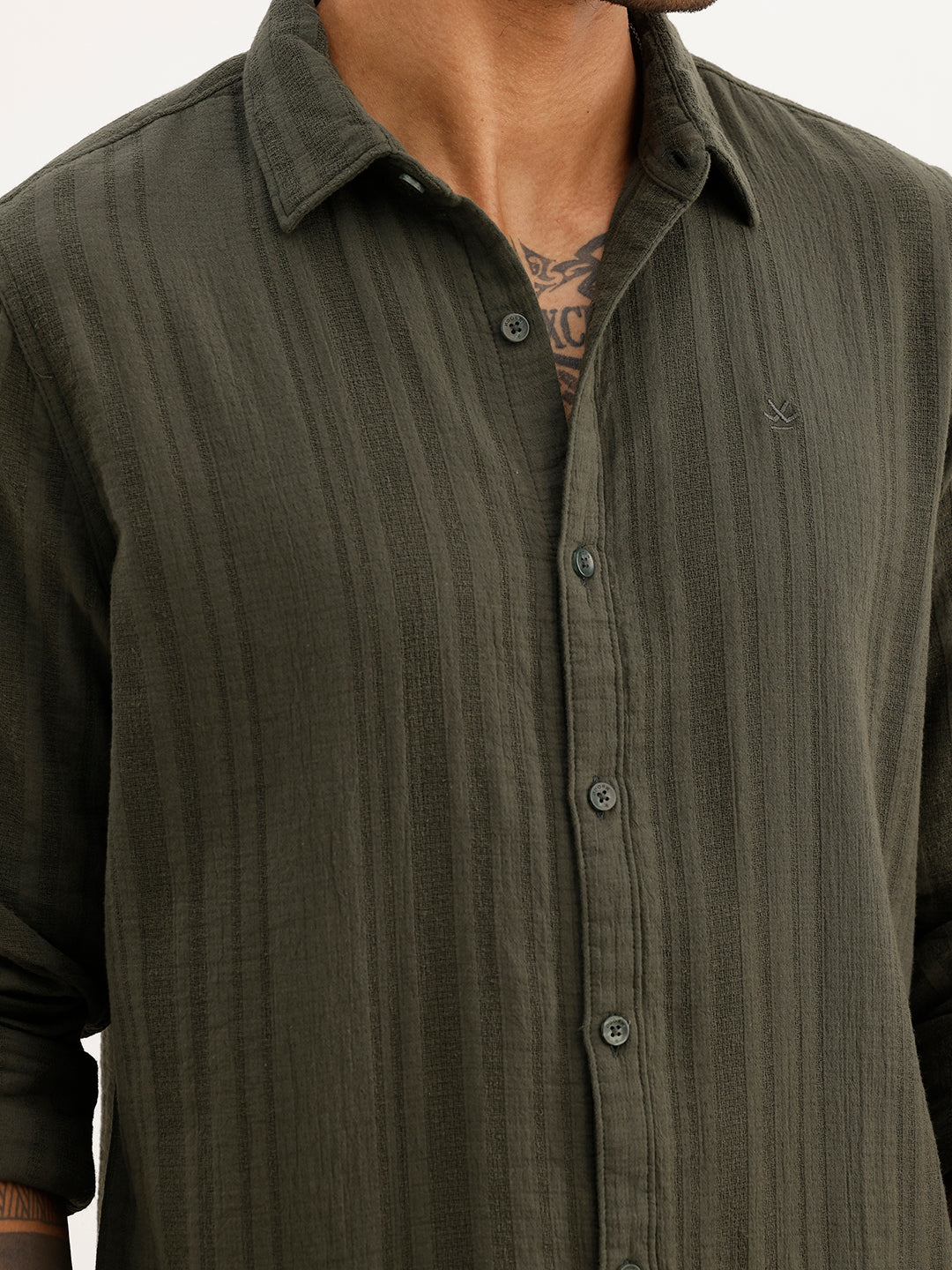 Textured Slim Fit Striped Shirt | Olive
