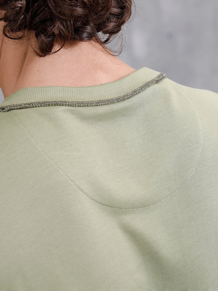Raw Edge & Stitch Detail Oversized Fit T-Shirt | Green