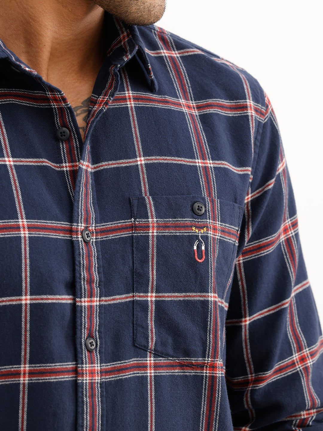 Slim Fit Checkered Full Sleeve Shirt | Navy Blue