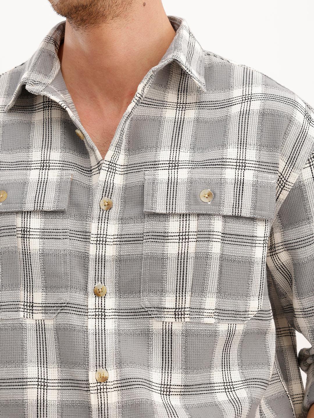 Oversized Grindle Structured Check Double Pocket Shirt | Grey