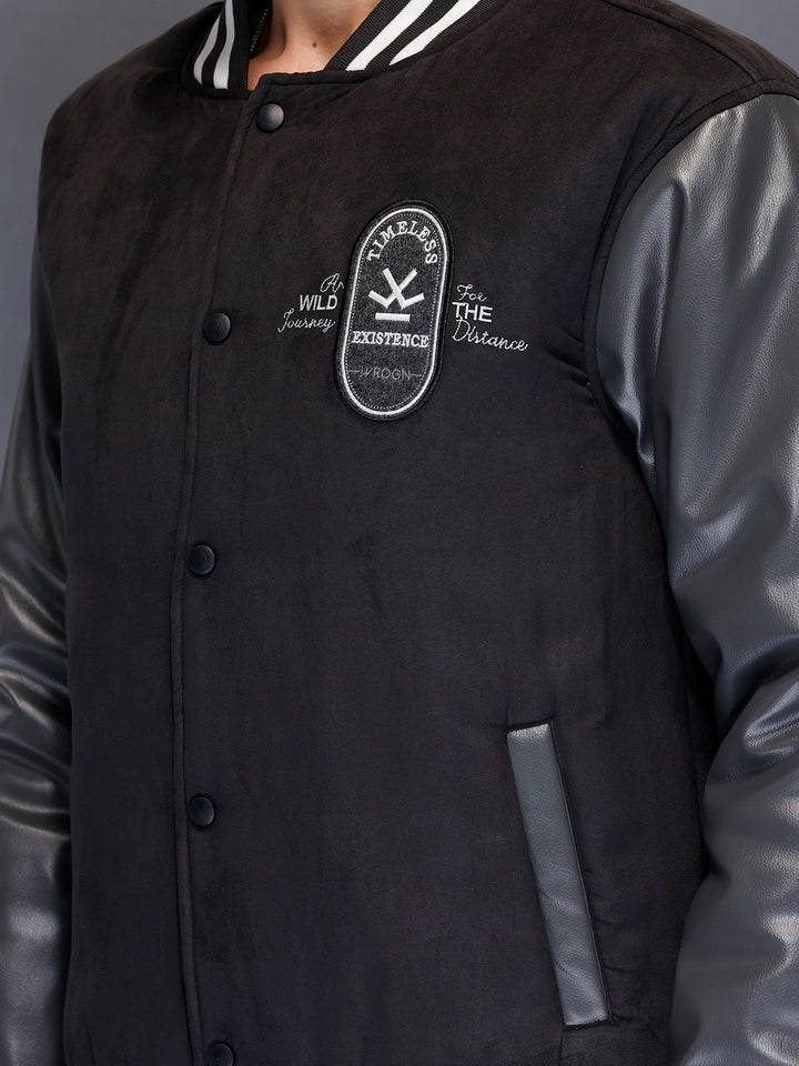 Men’s black varsity jacket with leather sleeves | Black