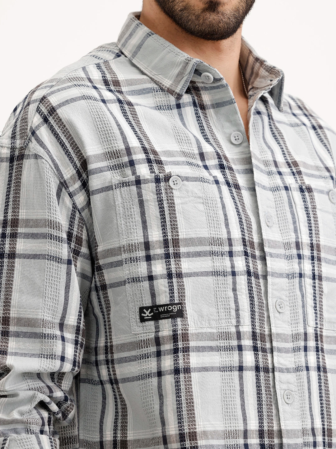 Textured Oversized Fit Double Pocket Shirt | Grey