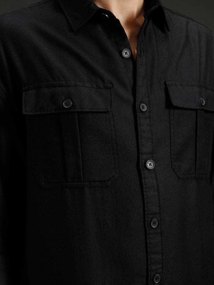Men's casual oversized fit double pocket shirt | Black