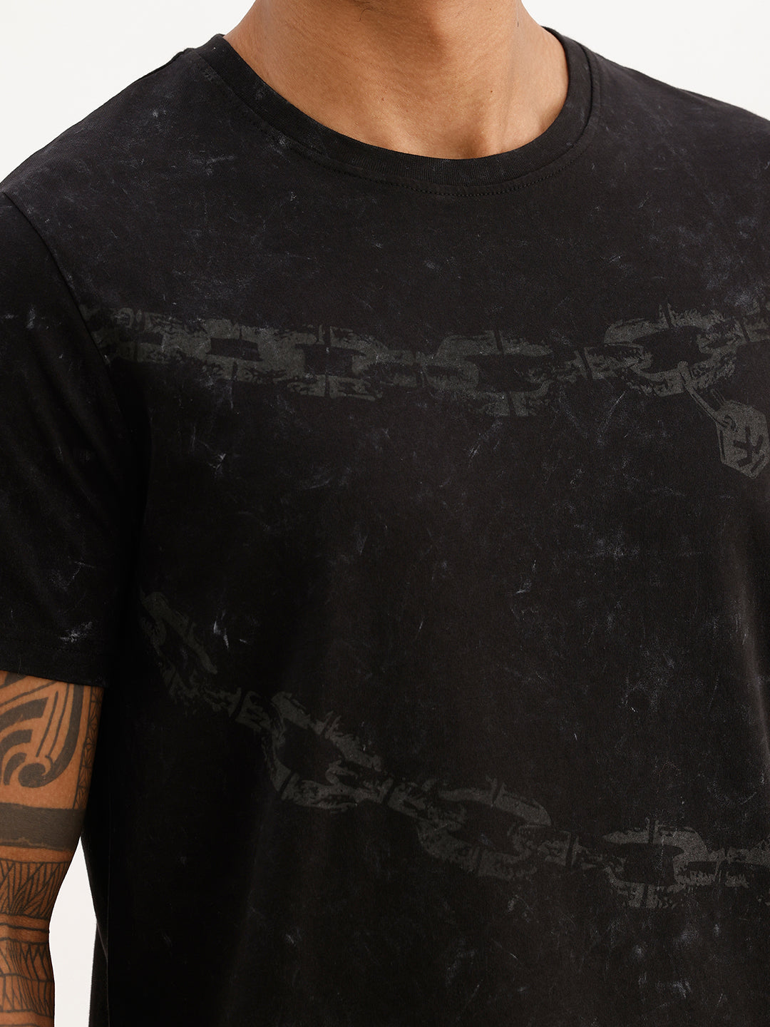 Washed Slim Fit Placement Printed T-Shirt | Black