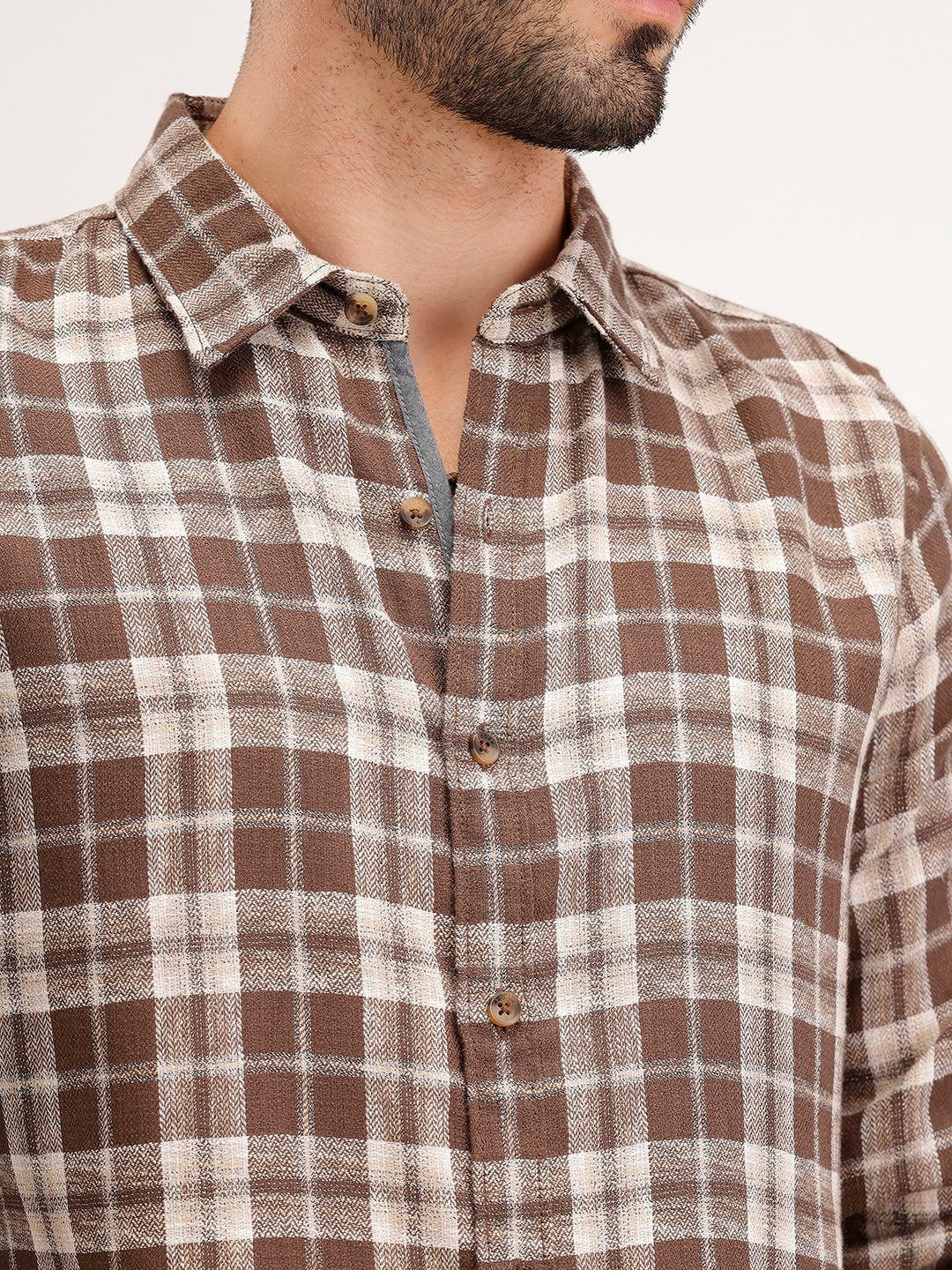 Slim Fit Linen Blend Herringbone Checkered Shirt | Brown