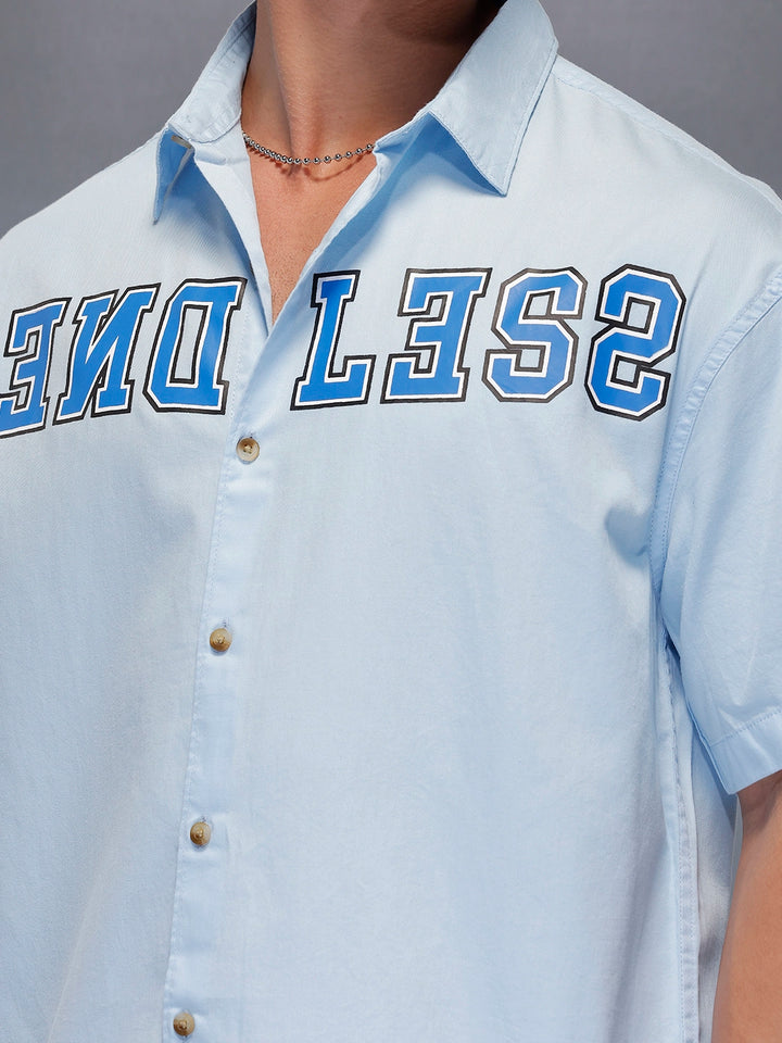 Placement Printed Oversized Shirt   |  Blue