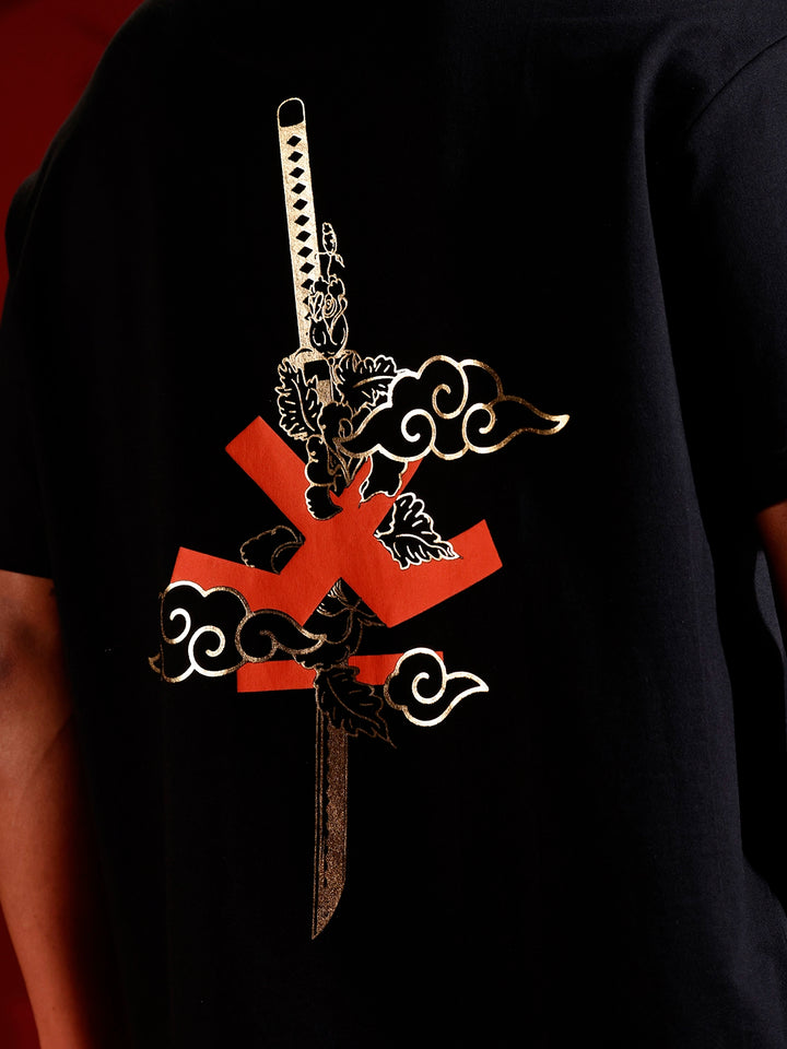 Puff print chest motif oversized tshirt | Black