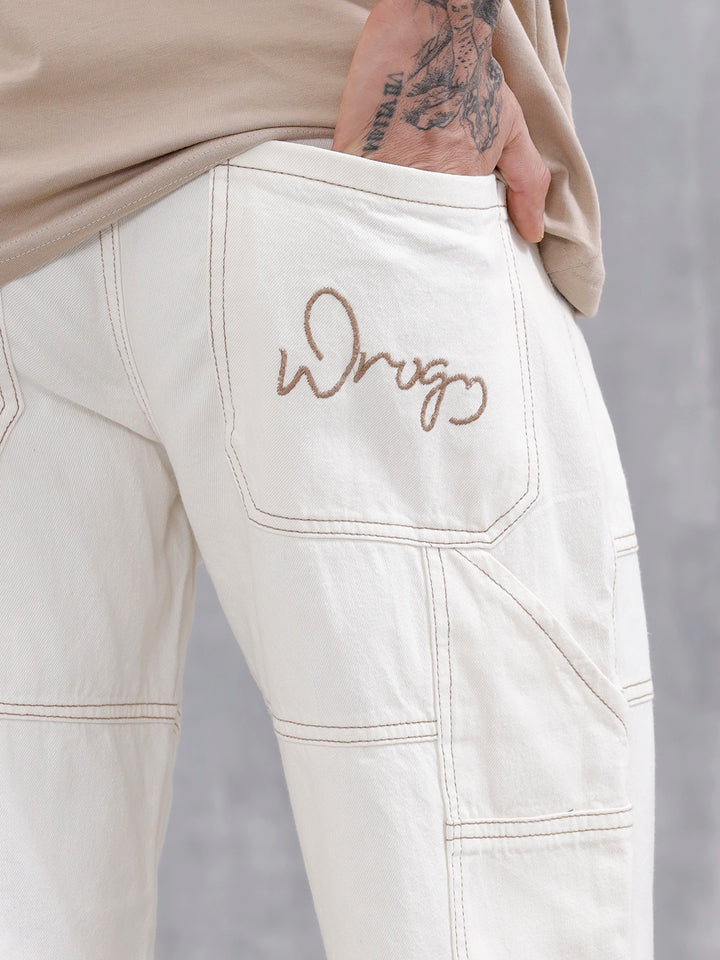 Men's Casual Loose Fit Carpenter Jeans | White