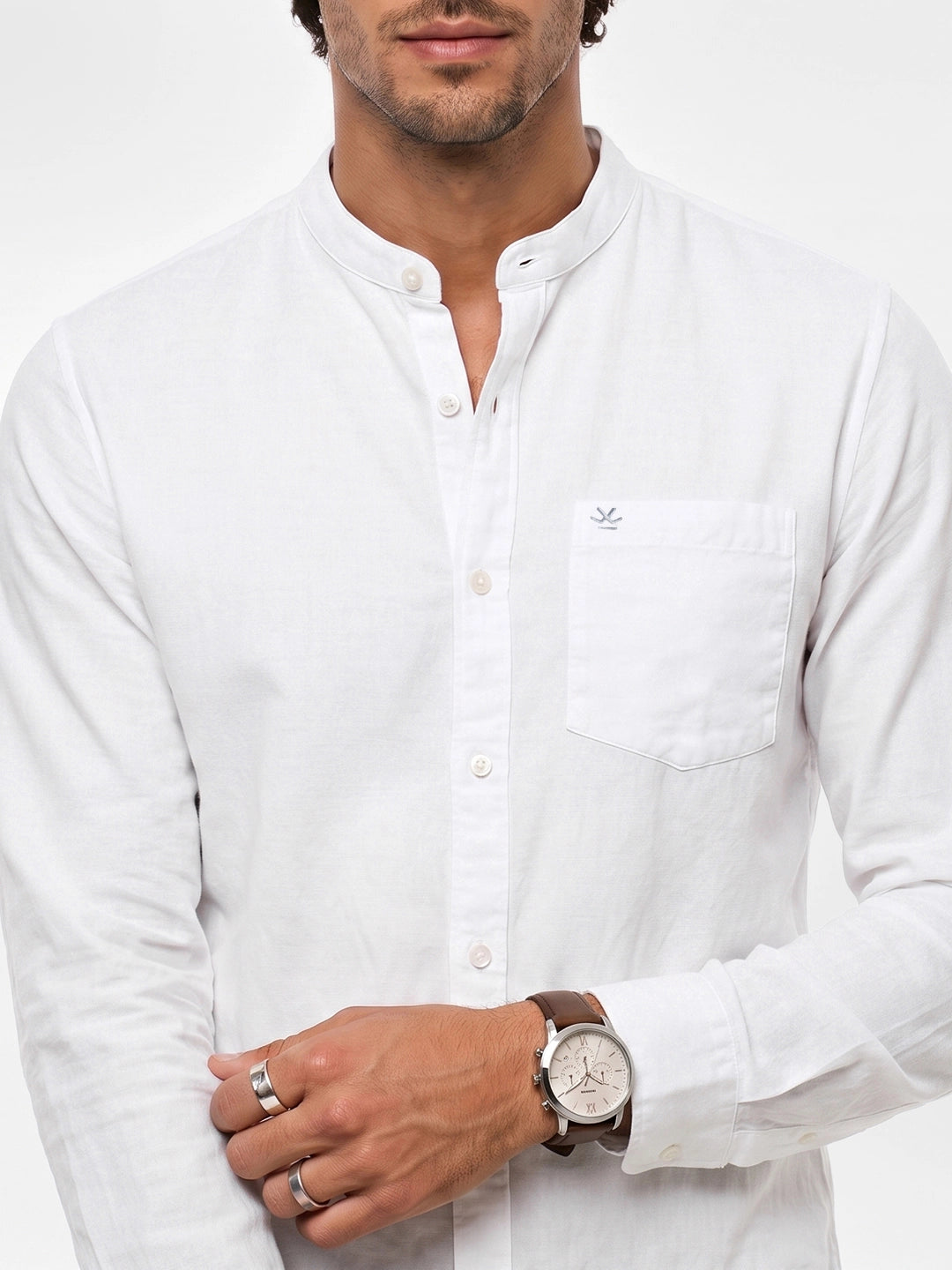 Solid Mandrin Collar Full Sleeve Shirt | Off White