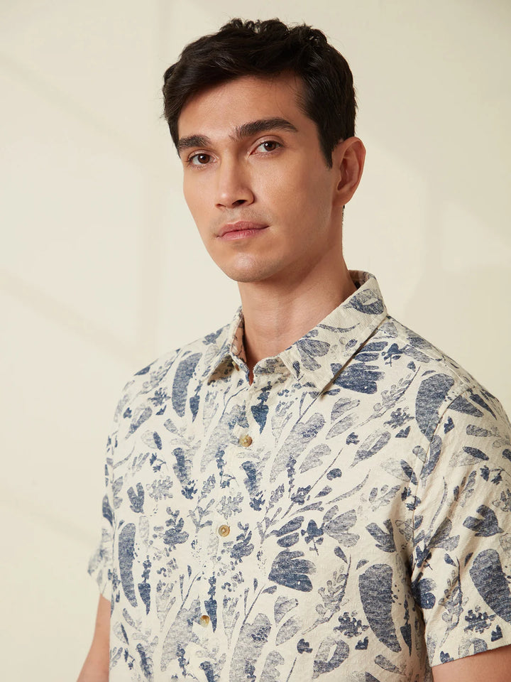 Textured Cotton Dobby AOP shirt | Navy Blue