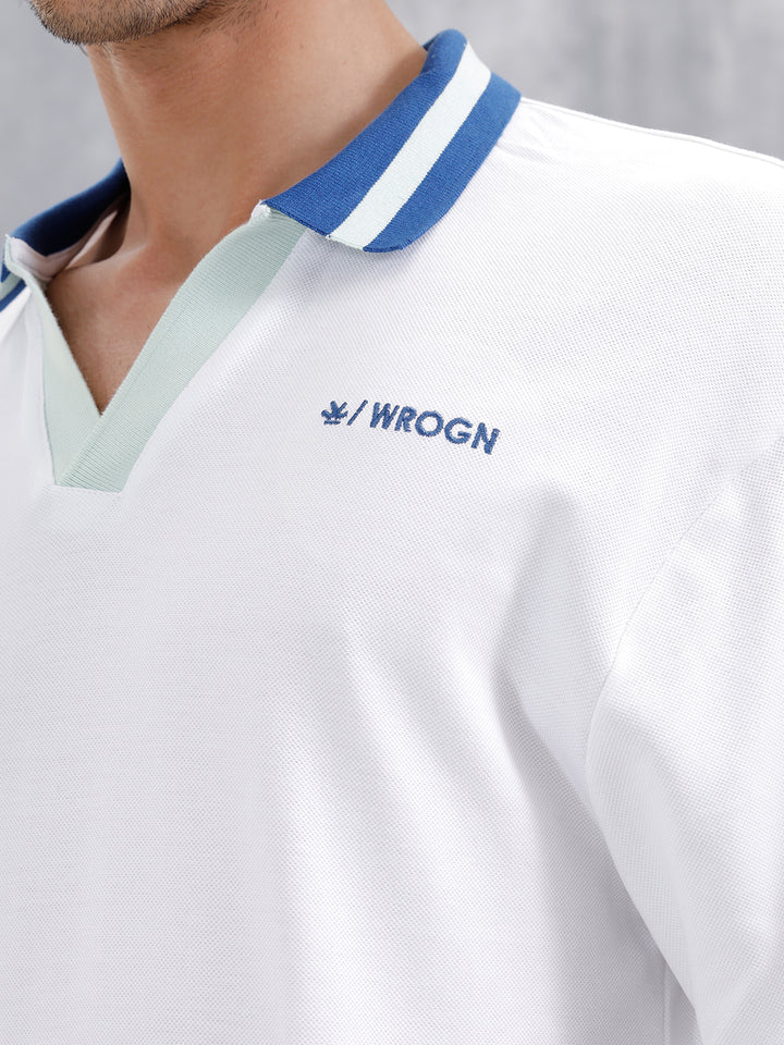 Oversized Johnny Collar Polo T-Shirt With Contrast Collar | White