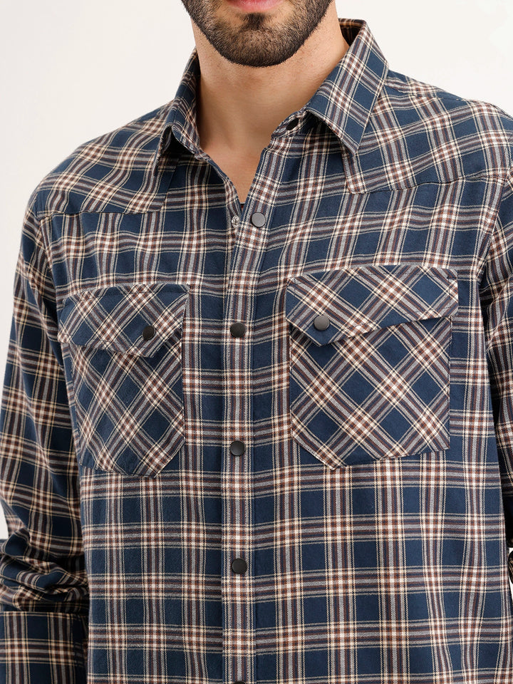 Slim Fit Double Pocket Checkered Shirt | Blue