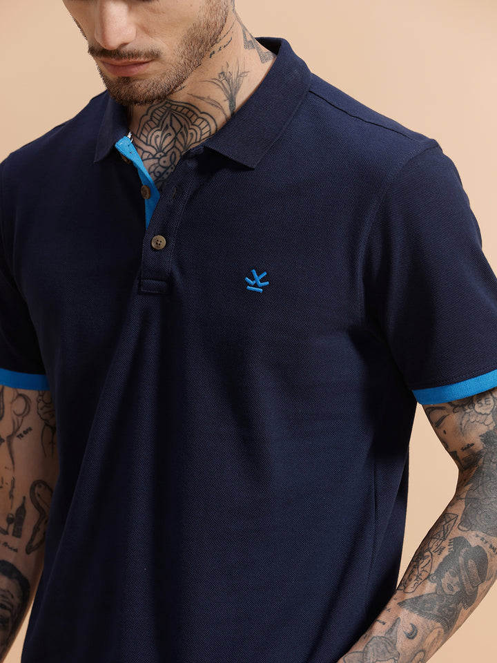 Contrast Rib Pique Polo T-Shirt  | Navy Blue