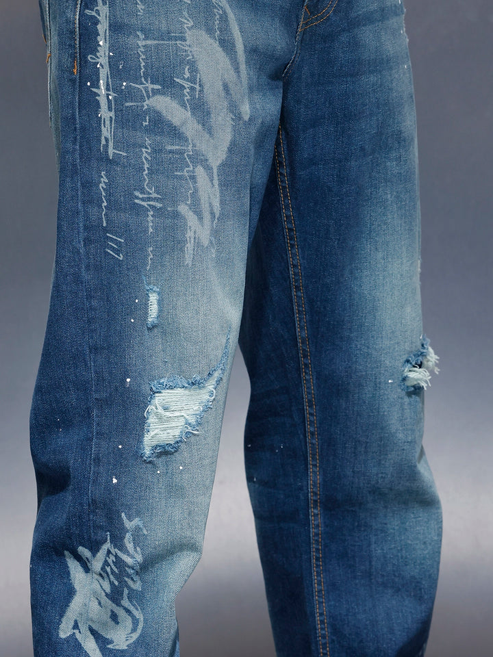 Men’s Rugged Wash Denim with Paint Splatter | Med Stone