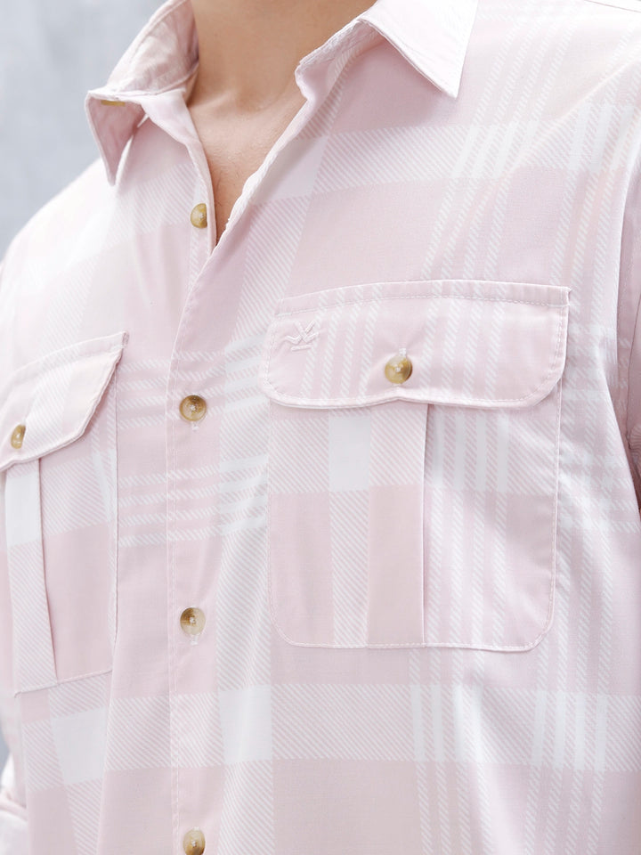 Men's Casual Double Pocket Checkered Shirt  | Pink