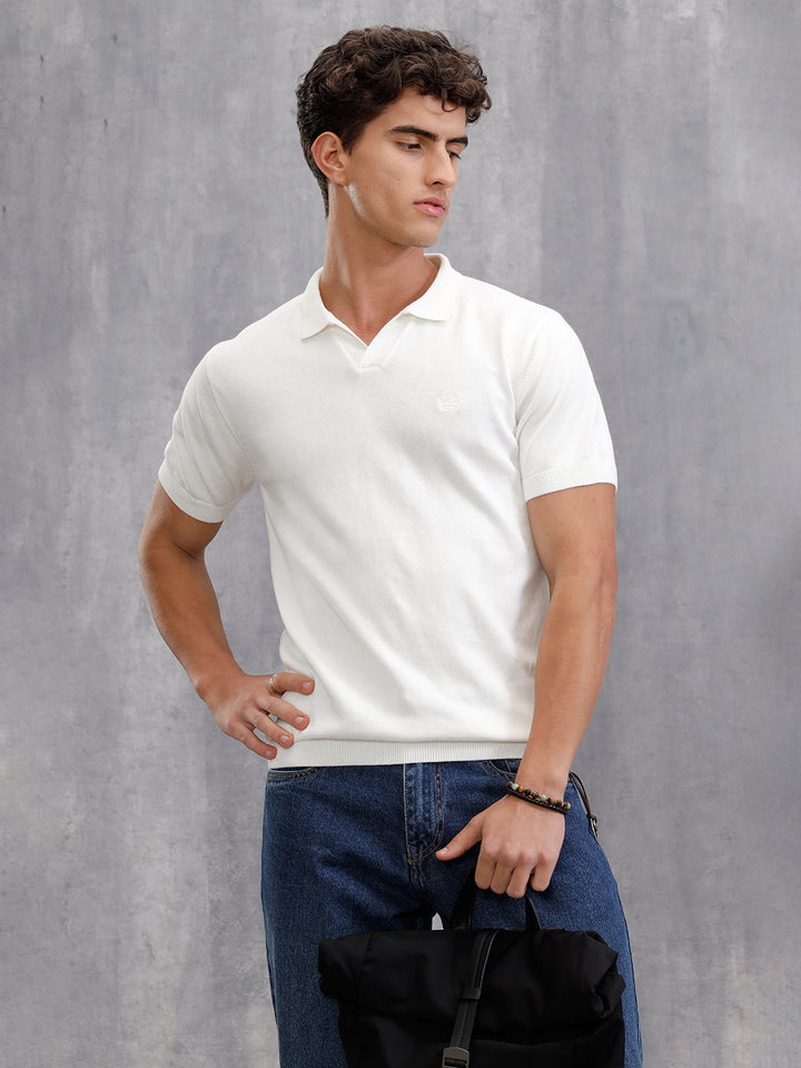 Premium Flat Knit Slim Fit Polo T-Shirt  | Off White