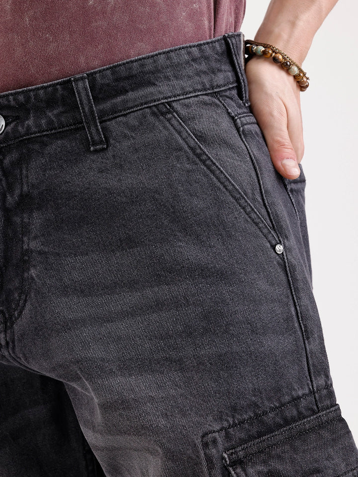 Washed Loose Fit Cargo Denim   |  Grey