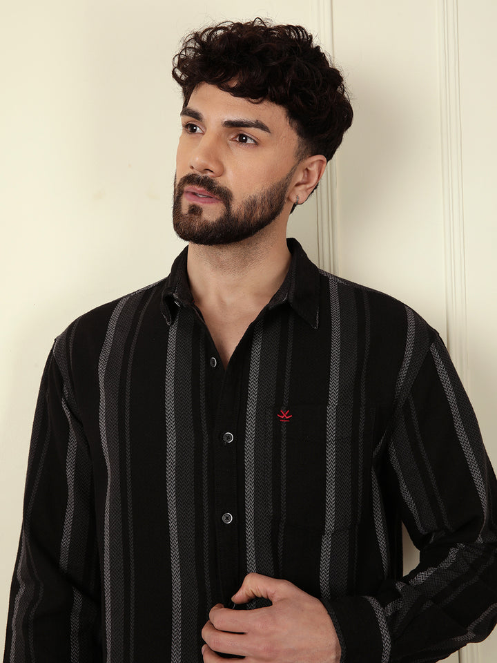Textured Stripes Comfort Fit Shirt | Black