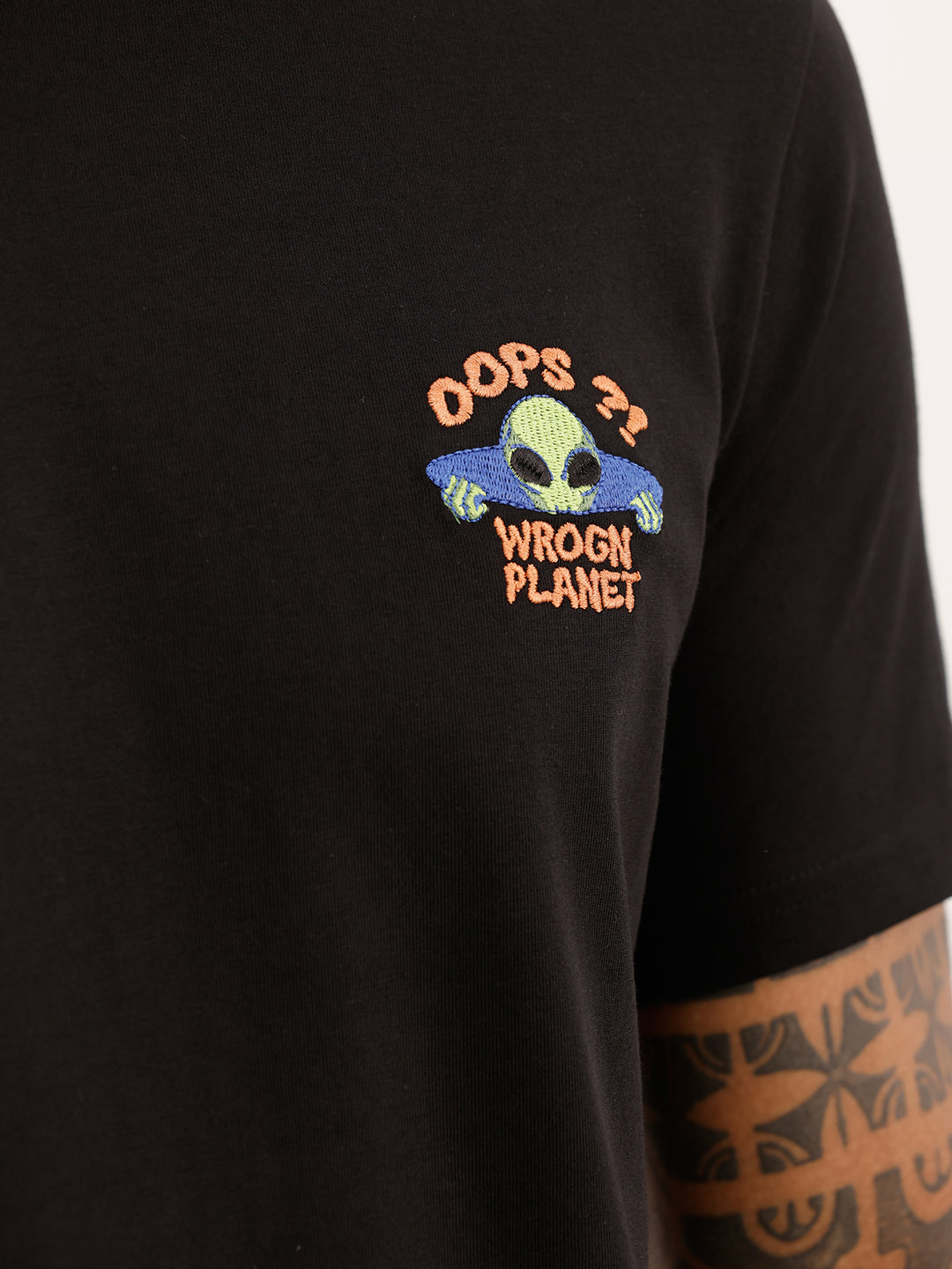 Slim Fit Embroidered Patch Detail T-Shirt | Black
