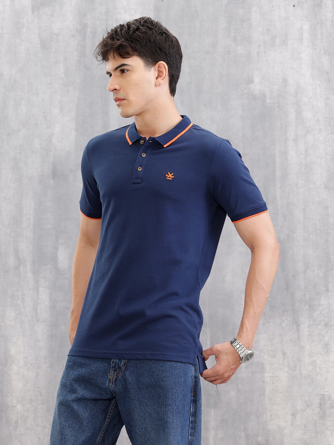 Contrast Collar Tipping Polo T-Shirt | Navy Blue