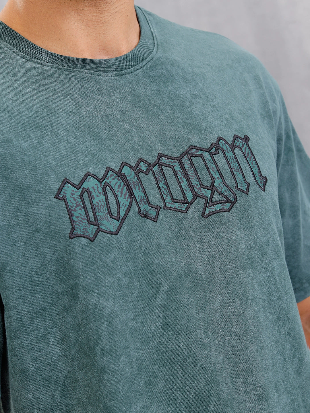 Acid Wash Oversized Fit T-shirt With Embroidery | Dark Green