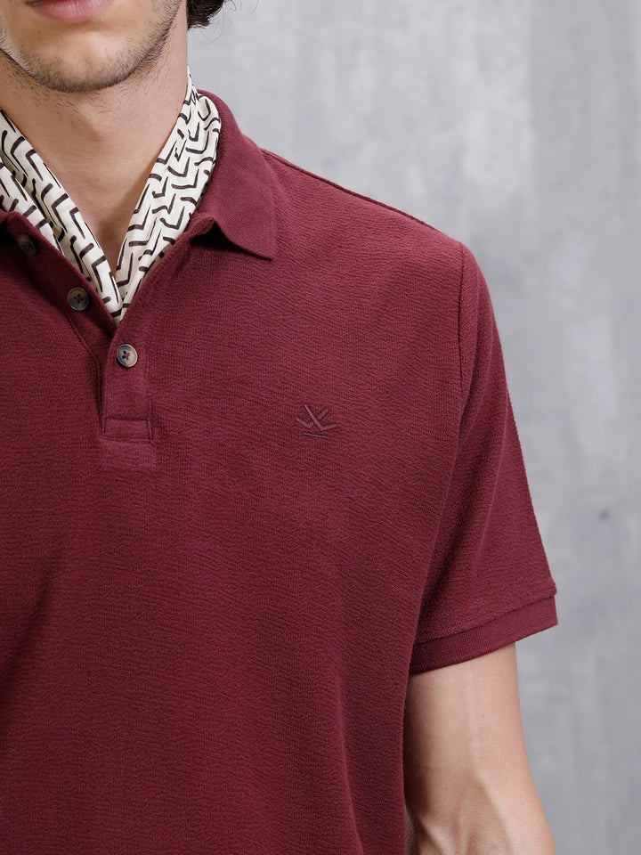 Solid Crinkle Texture Polo T-Shirt | Maroon