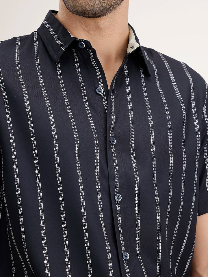Slim Fit Half Sleeve Striped Shirt | Navy Blue