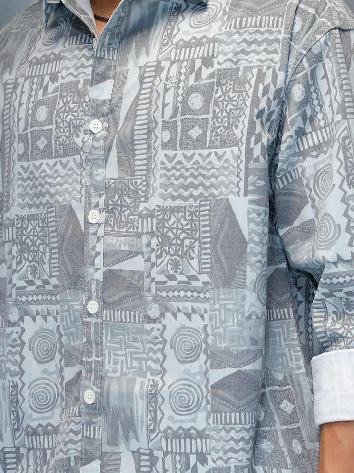 Wrogn Abstract Printed Oversized Fit Shirt | Grey