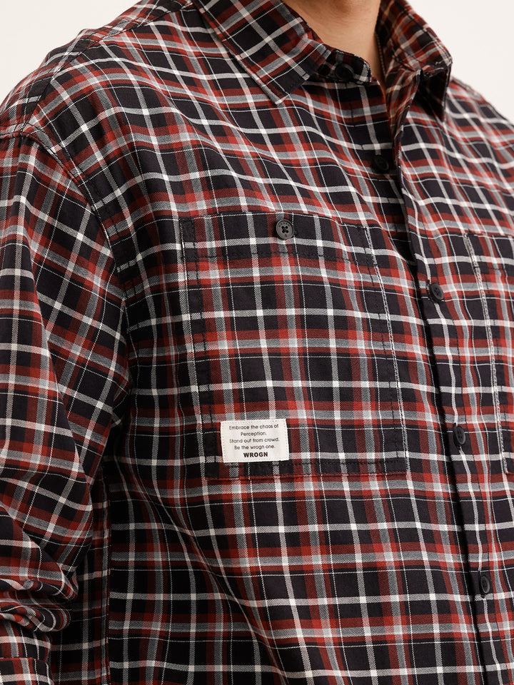 Oversized Fit Double Pocket Checkered Shirt |Black