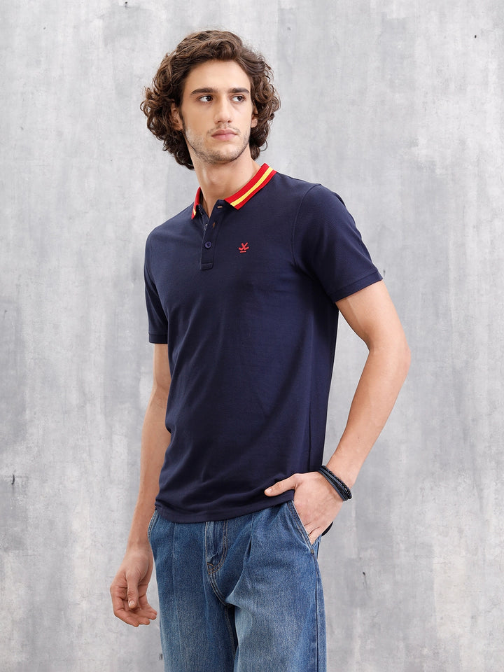 Solid Contrast Collar Polo T-Shirt  | Navy Blue
