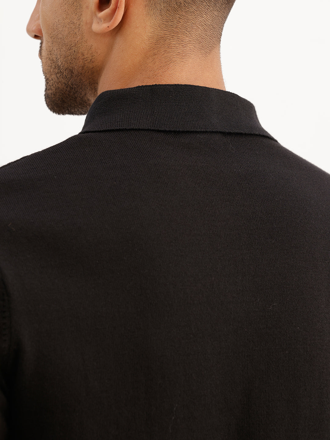 Solid Textured Quater Zipper Polo T-Shirt | Black